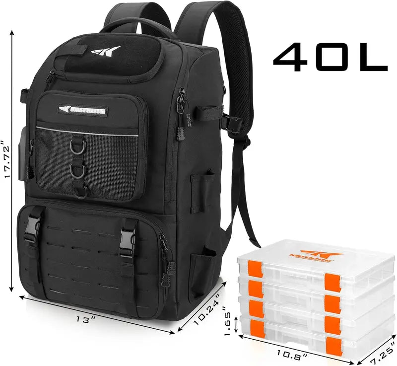 40L Fishing Tackle Backpack with 4 Tackle Boxes & Rod Holders
